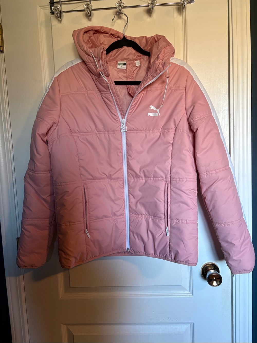 Puma Pink Hooded Puffer Jacket with White Trim